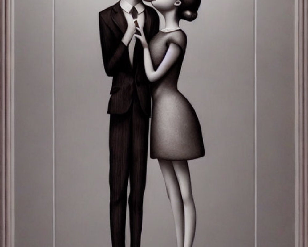 Illustration of tall man and shorter woman kissing in black and white.