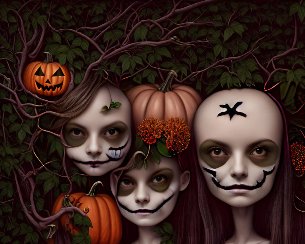 Three people with Halloween makeup posing with pumpkins and ivy, one with a pumpkin head and another