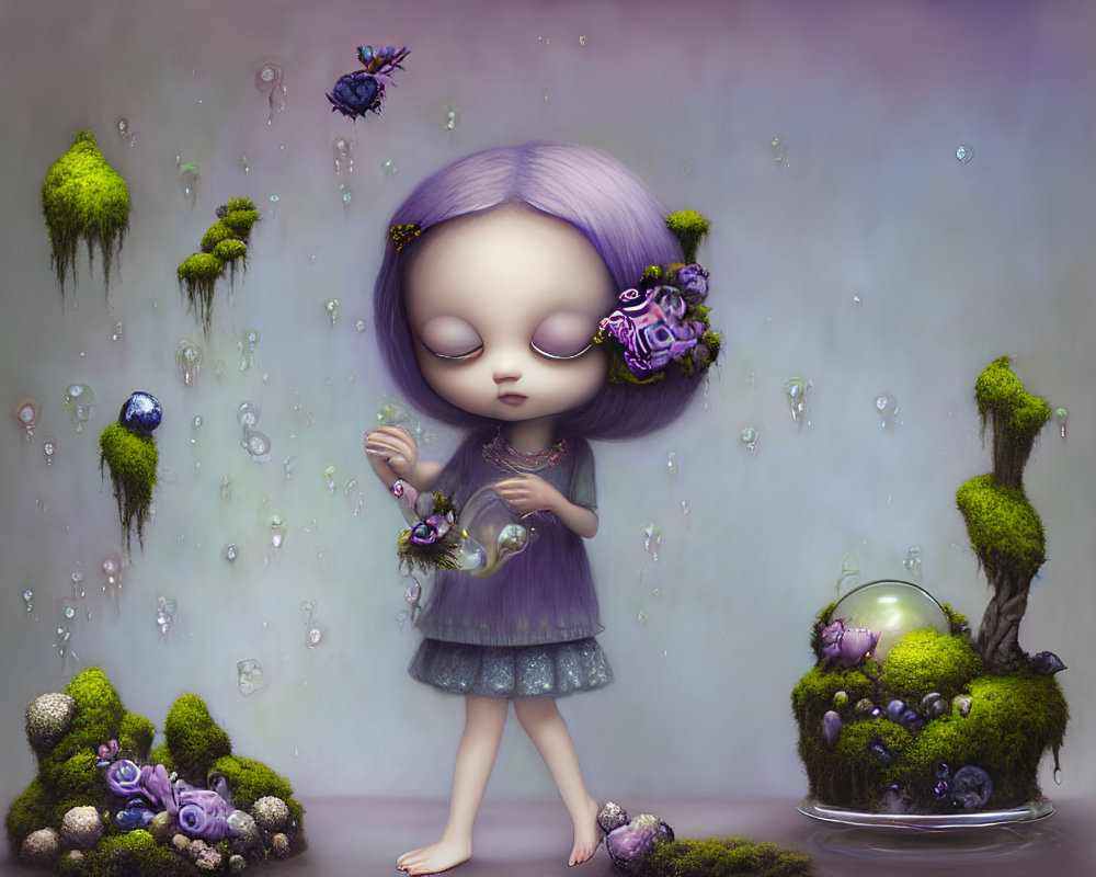 Illustration of big-eyed girl with lavender hair in ethereal space