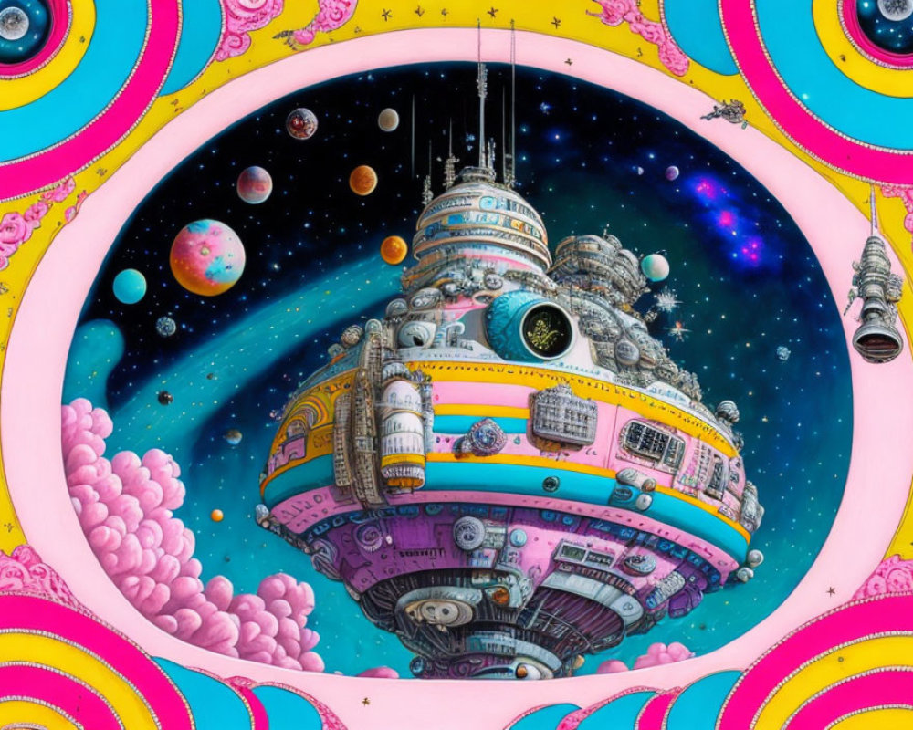 Detailed futuristic space station surrounded by planets and stars in vibrant illustration