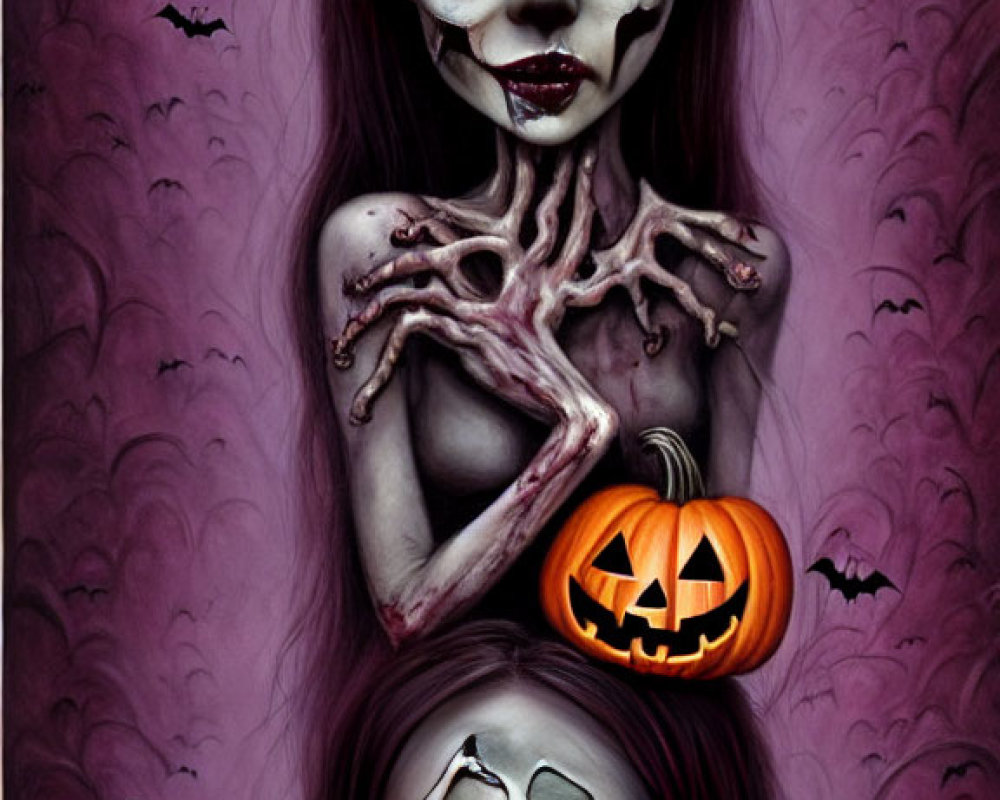 Figures with skeletal face paint and Halloween pumpkins in dark, eerie setting.