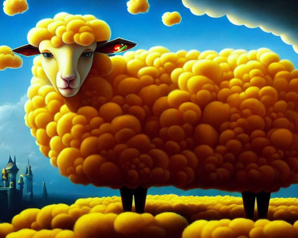 Surreal sheep with golden wool and castle on blue sky