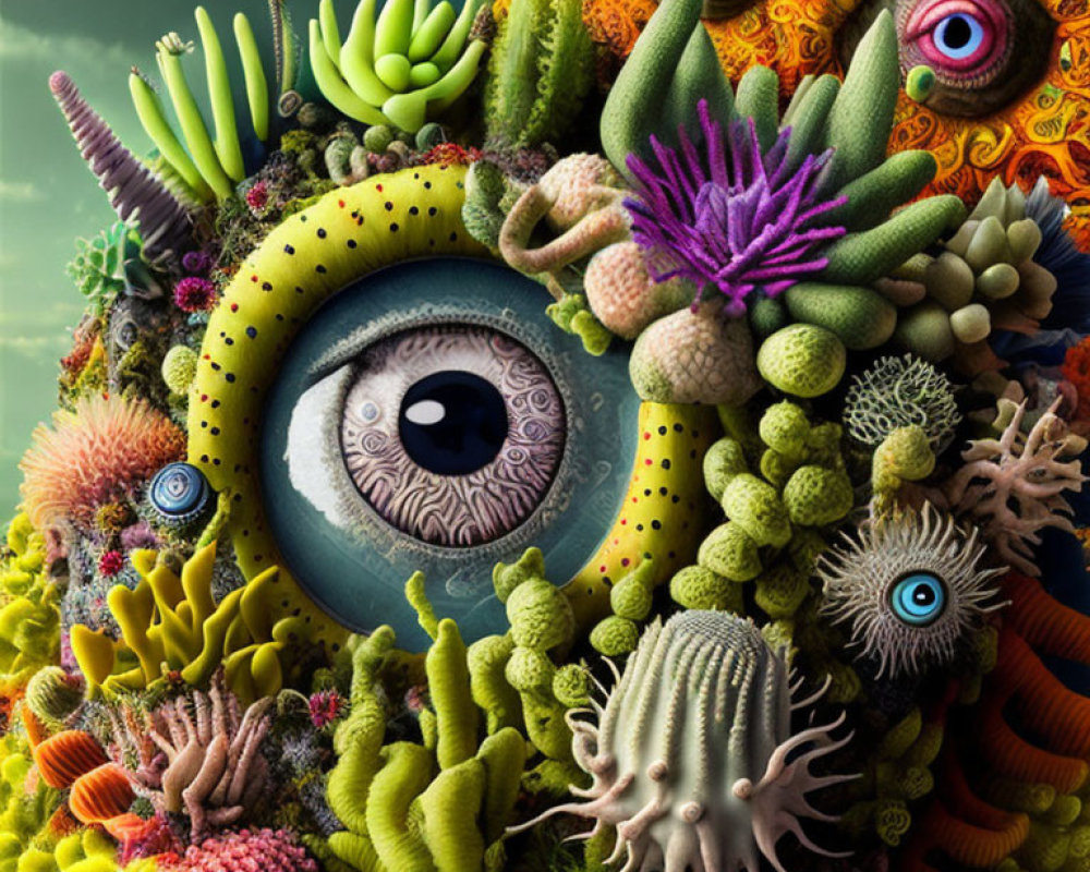 Colorful surreal image of eye surrounded by sea life and plant-like structures.