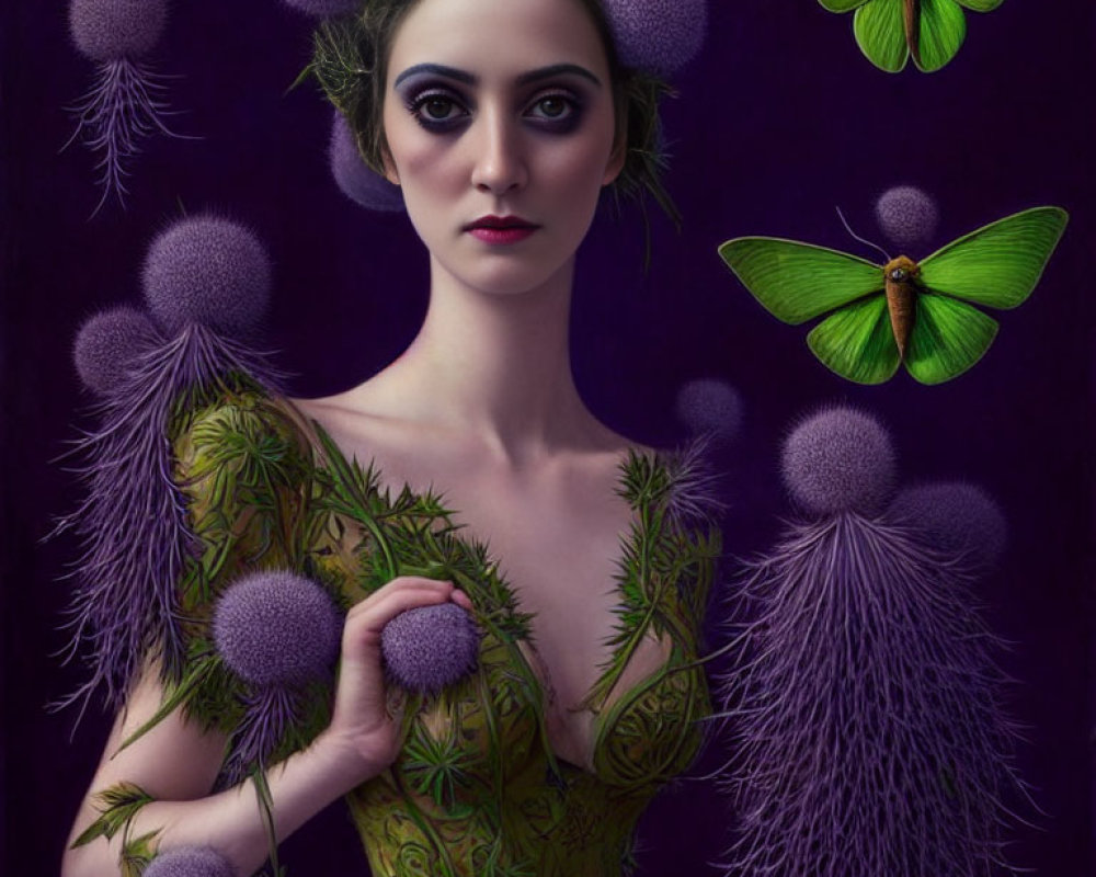 Woman in dramatic makeup and botanical outfit with purple flowers and green butterflies on purple background