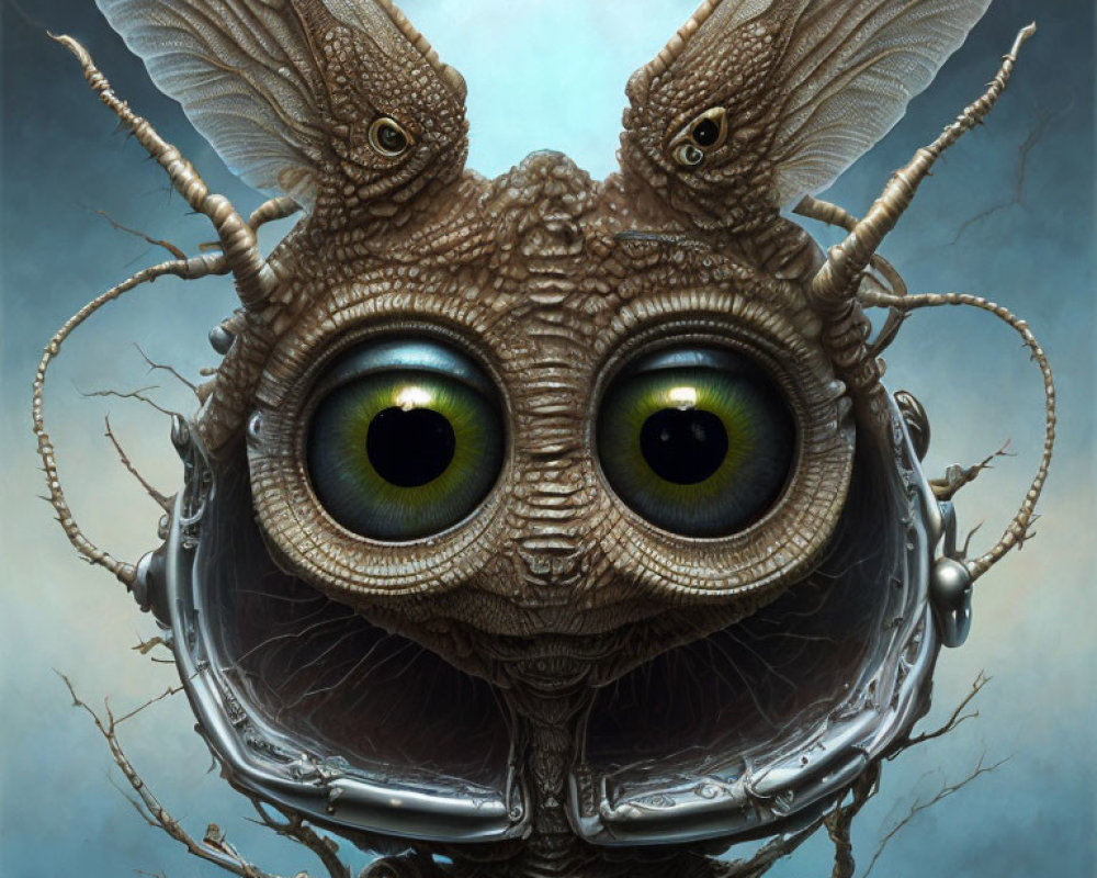 Majestic creature with captivating eyes, insect features, horned head, and metallic collar in mist