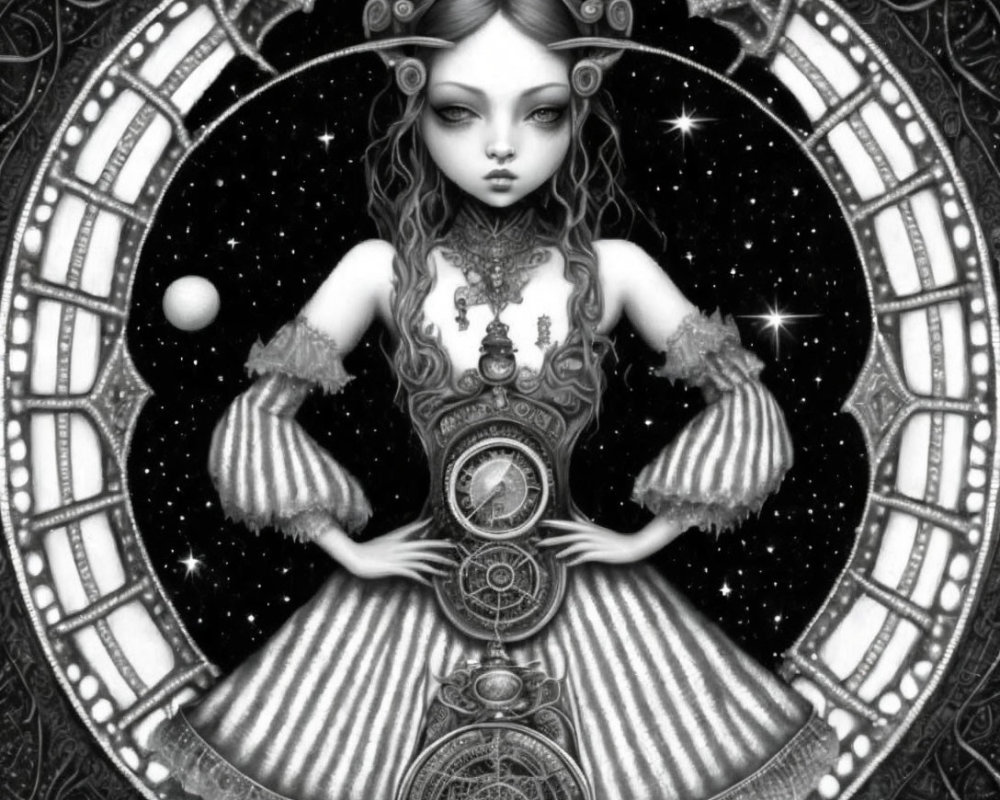 Monochromatic gothic girl illustration with astral clock background