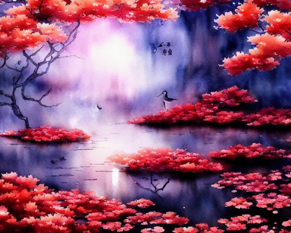 Mystical landscape watercolor with pink foliage, lake, crane, and purple backdrop