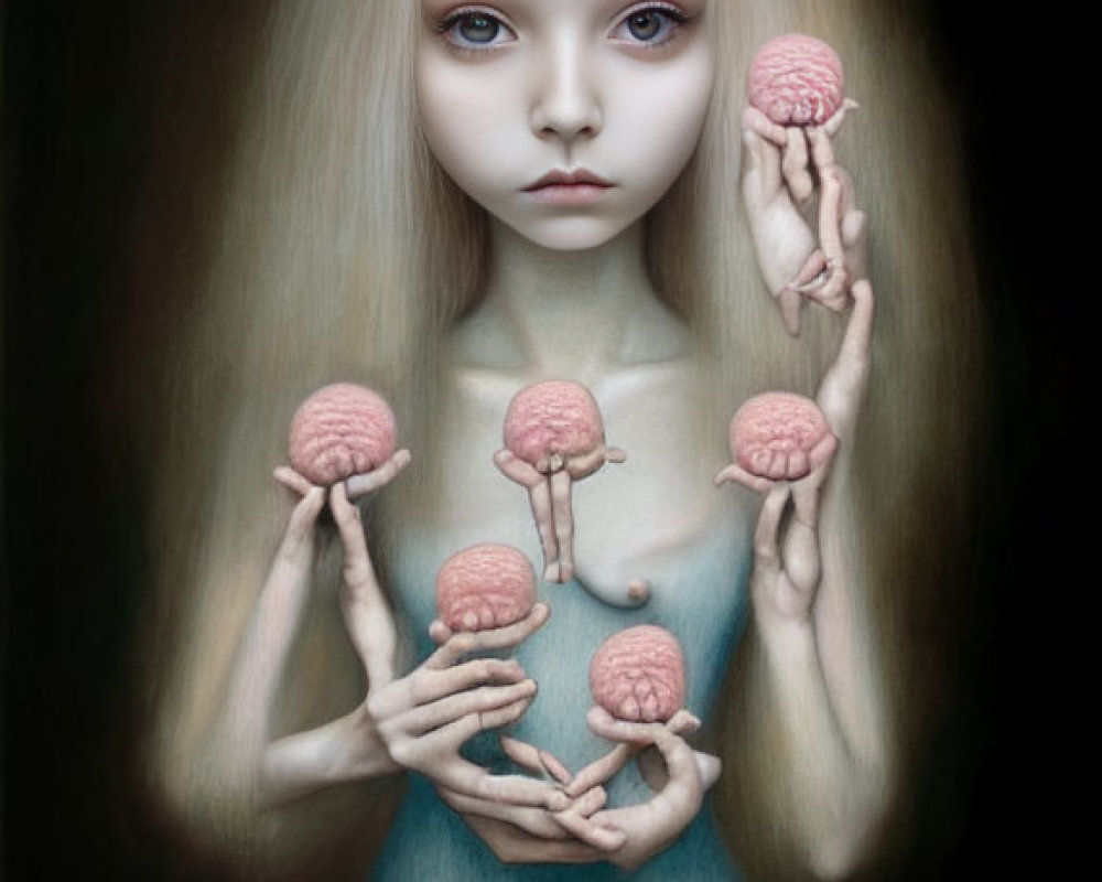 Ethereal girl with long blond hair holds miniature pink brains