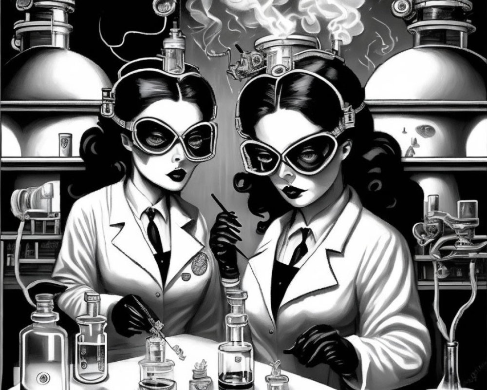 Monochrome illustration of twin women in lab coats conducting experiments