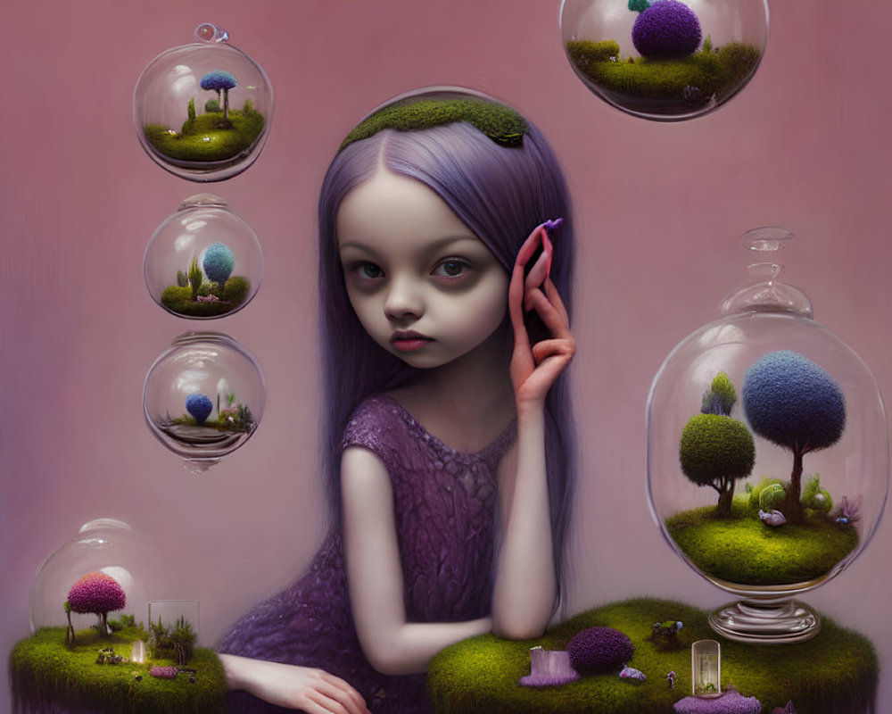 Surreal painting: Girl with violet hair and eyes, glass orbs, miniature landscapes, pink backdrop