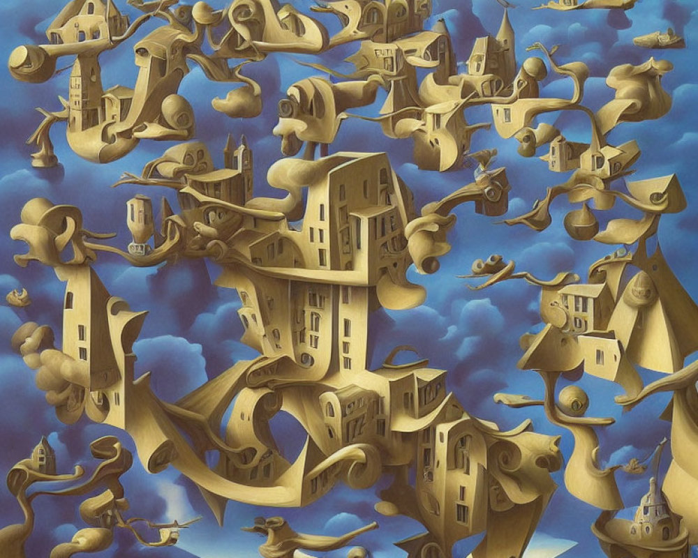 Surrealistic painting: Gravity-defying architecture & floating elements in blue sky