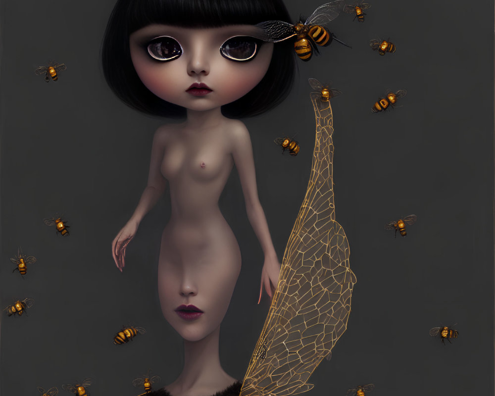 Doll-like character with bee-themed attire and bees on grey background