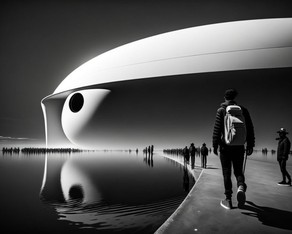 Monochrome photo of people walking by futuristic eye-shaped building