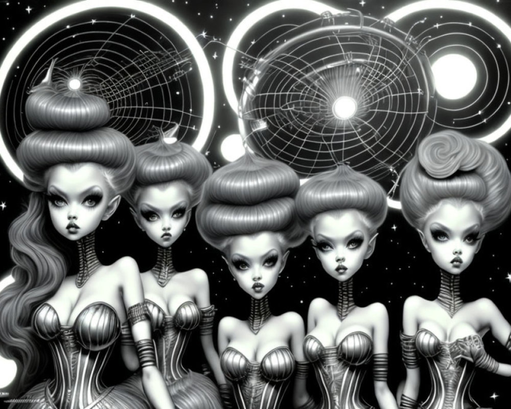 Stylized monochrome figures with celestial features on starry background.