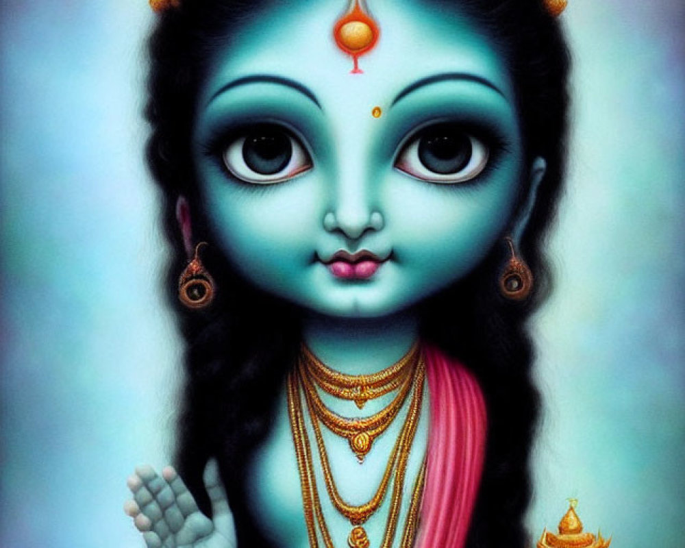 Blue-skinned deity with four arms and traditional Hindu jewelry on soft gradient background