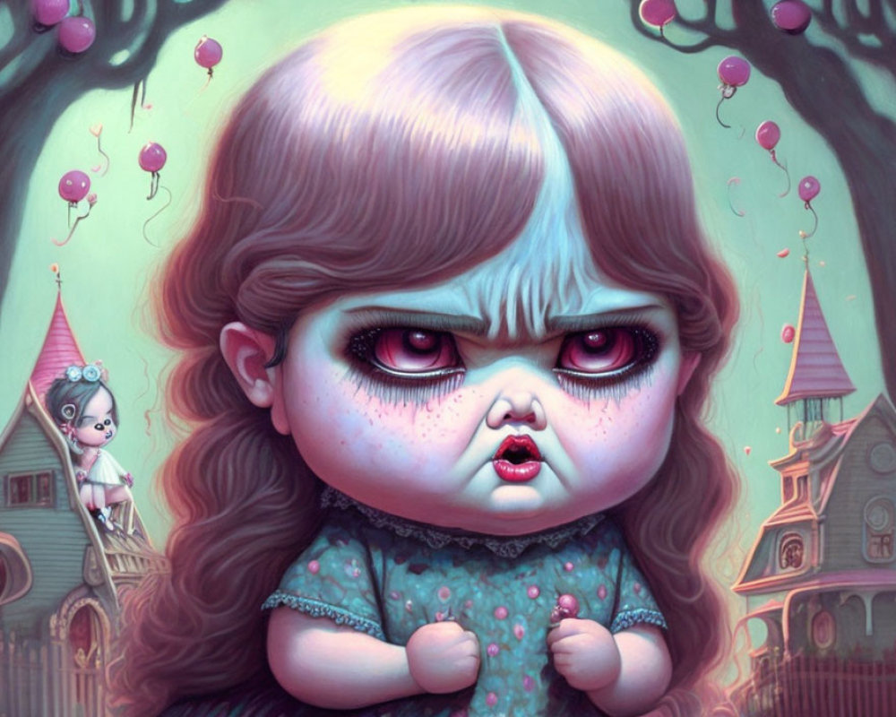 Stylized painting of large-headed girl with scowl, eerie pink balloons, and doll-like figures