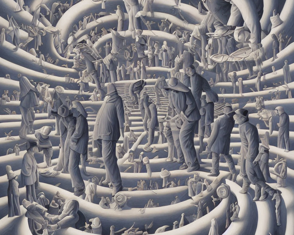 Monochrome surreal artwork: Figures in maze of structures