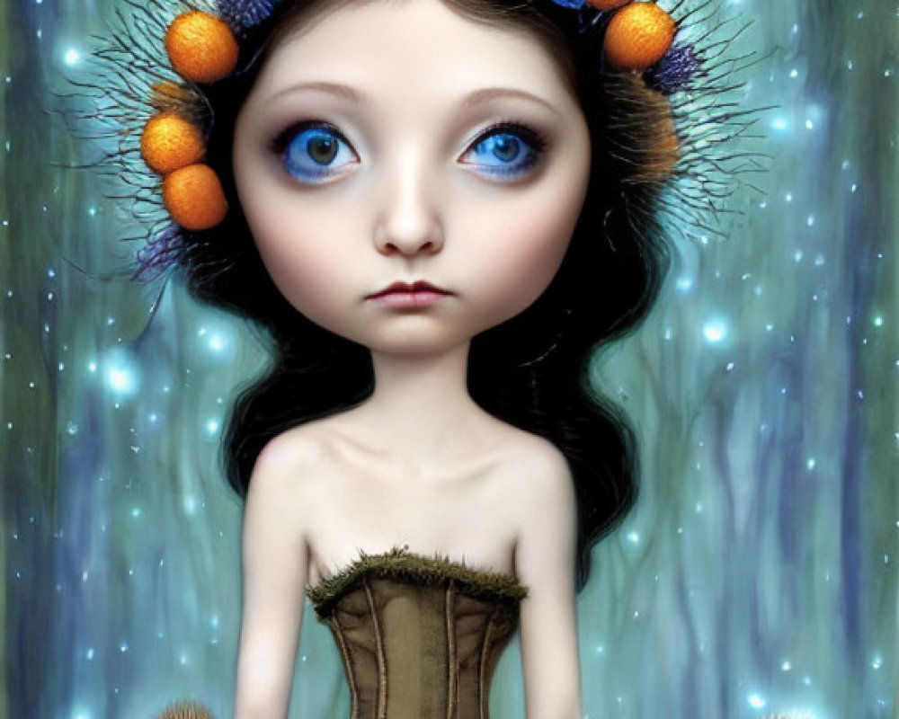 Stylized portrait of girl with big blue eyes and fruit headdress against starry backdrop