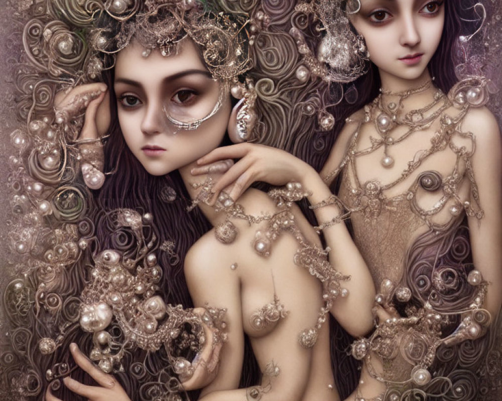 Fantasy illustration: Two figures in ornate headdresses and intricate jewelry amid swirling patterns and earth tones