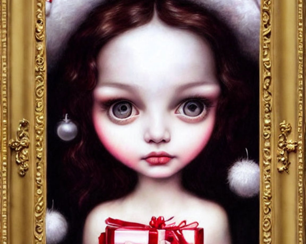 Portrait of Girl in Santa Hat with Large Eyes Holding Red Gift