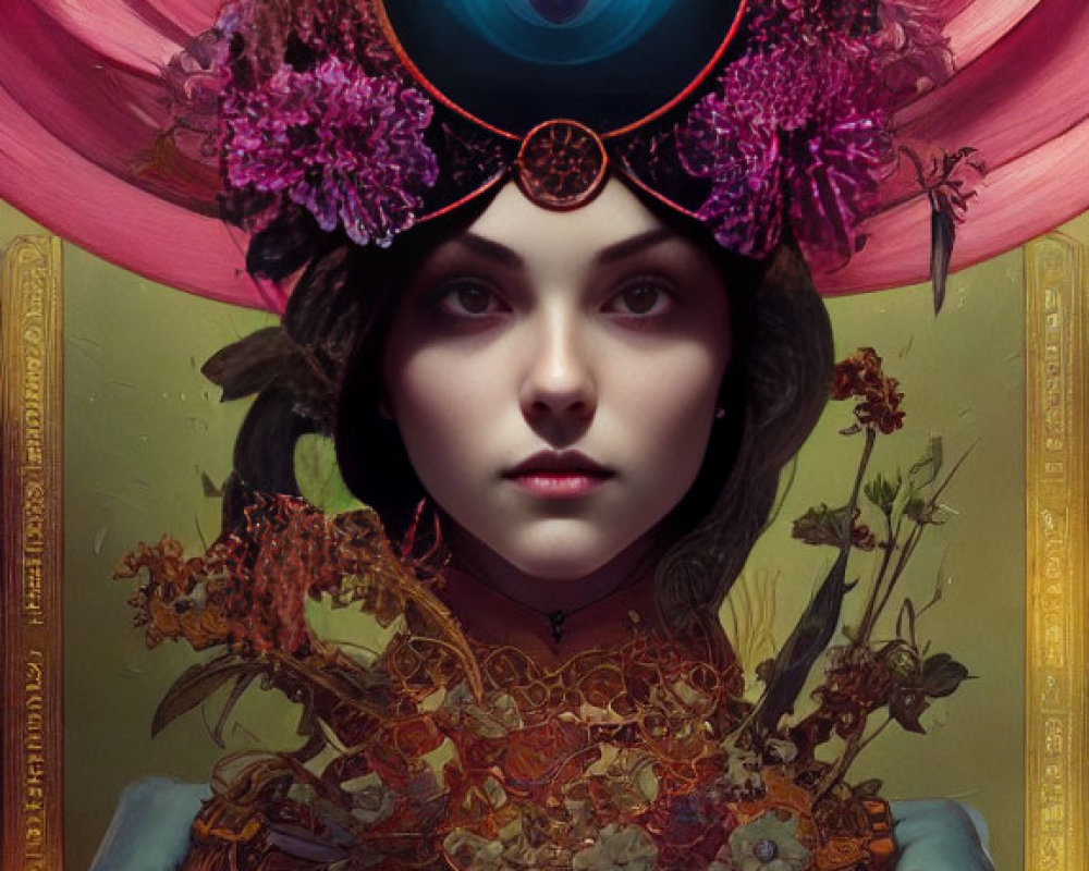 Intricate floral and eye motif adorn surreal woman portrait