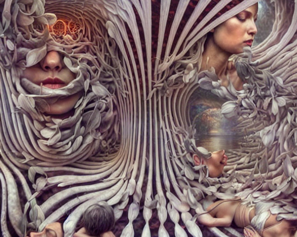 Surreal Human Figures Montage with Organic Textures and Patterns