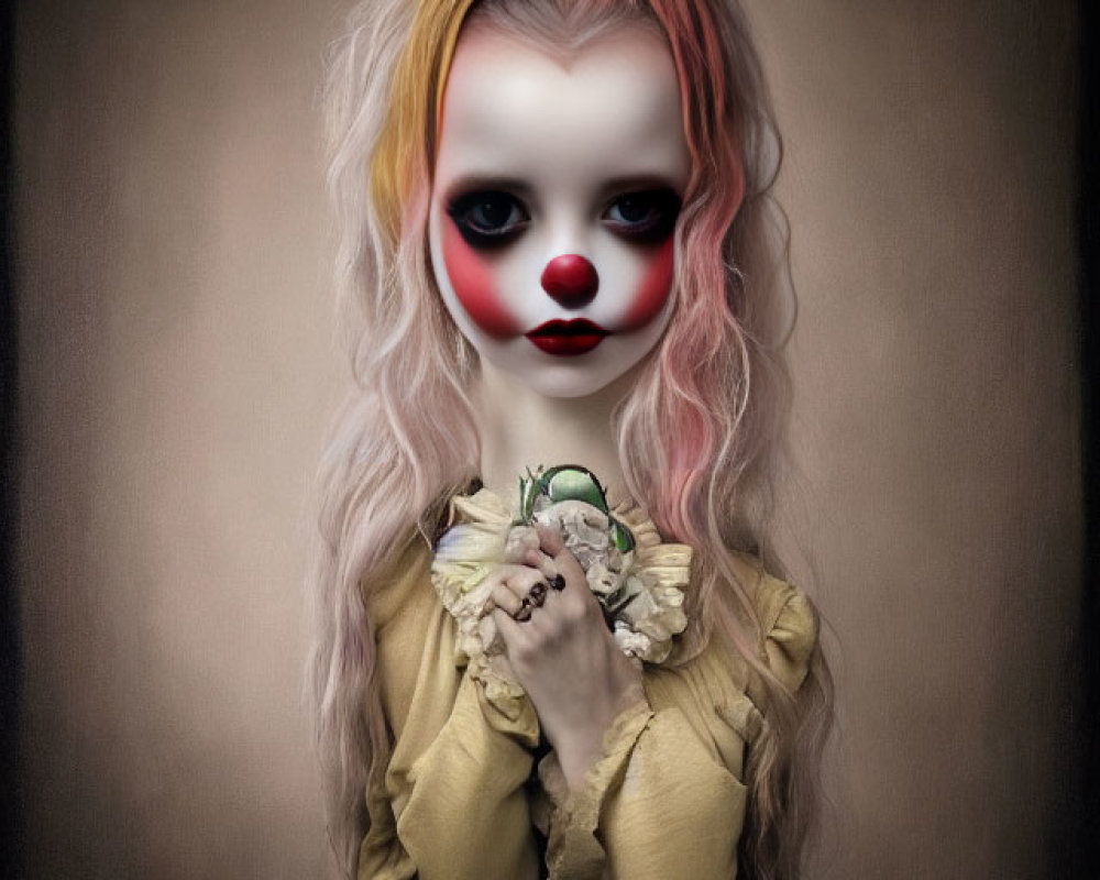 Stylized portrait of doll-like figure with large eyes and red clown nose