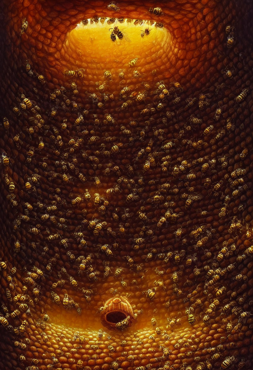 Bees buzzing around illuminated beehive entrance