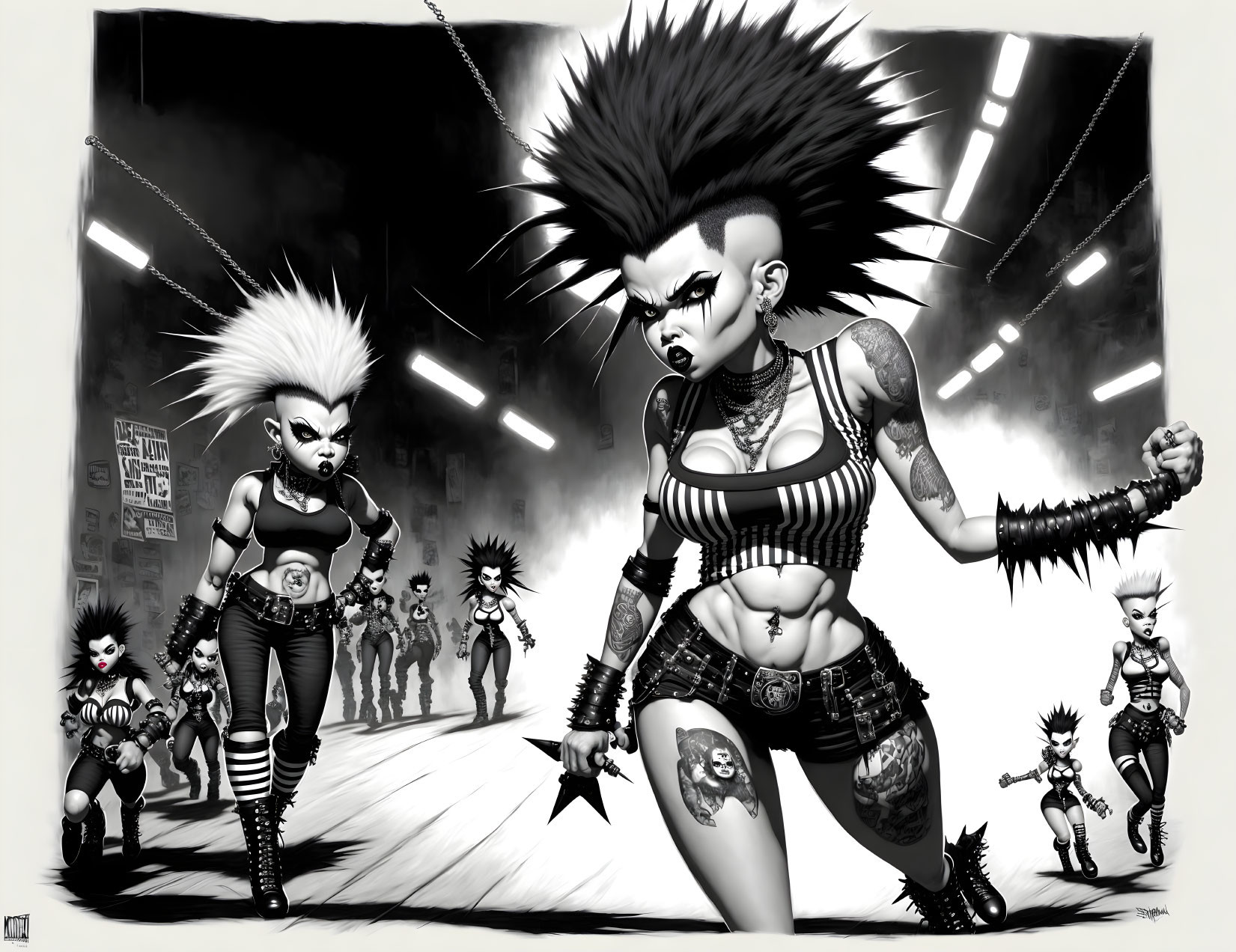 Monochrome punk characters with Mohawk hairstyles and tattoos in urban scene