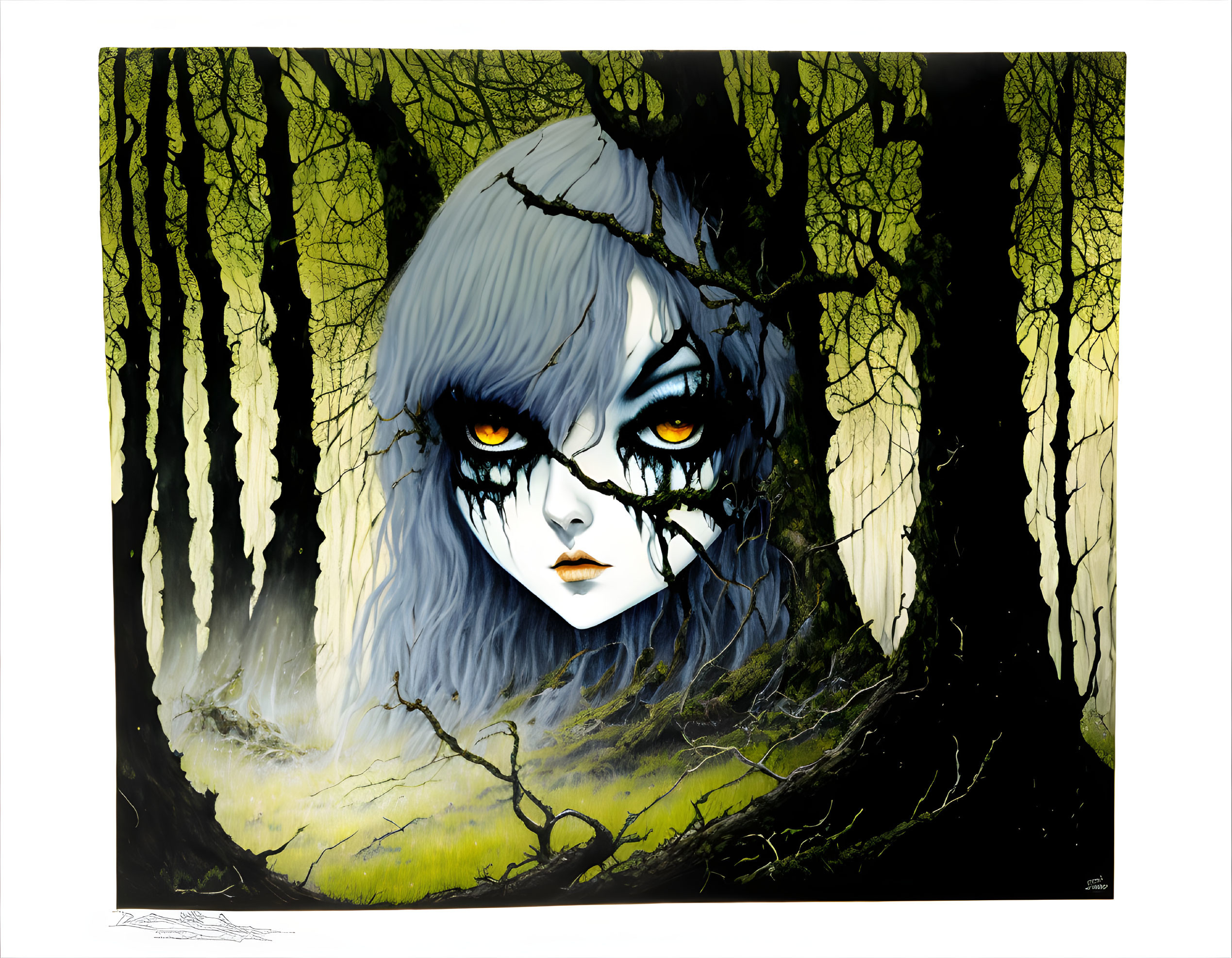 Mystical woman's face with yellow eyes and tree branches in leafy backdrop