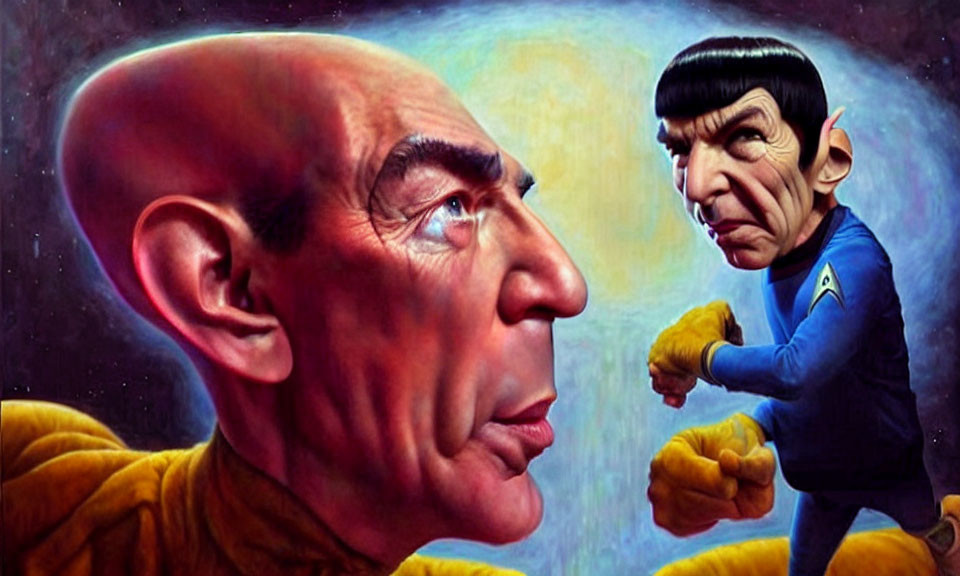 Caricatured individuals in Star Trek uniforms with contrasting expressions