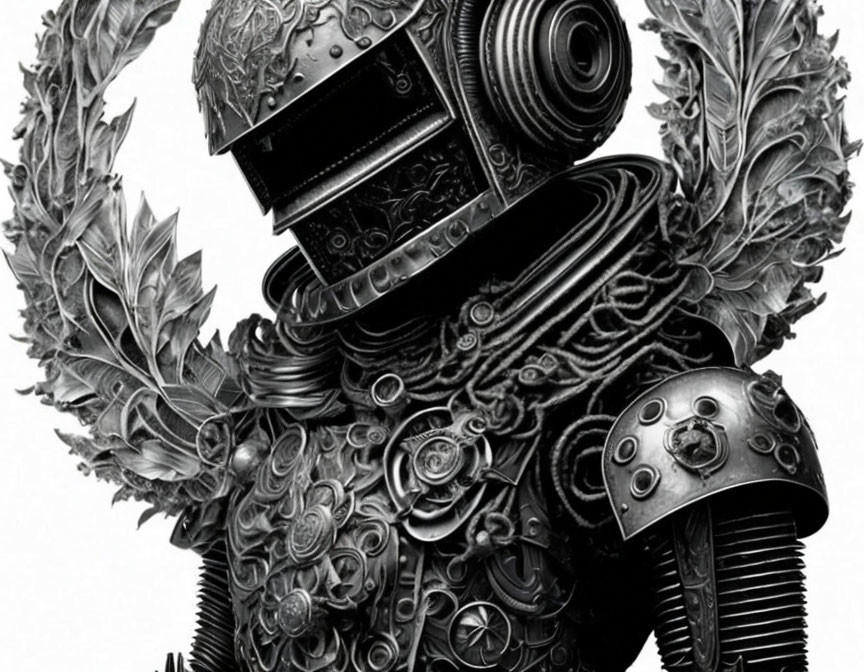 Detailed Plumed Helmet Armor with Floral & Mechanical Design