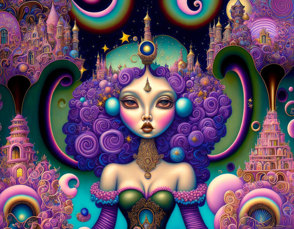 Surrealist artwork: stylized female figure with purple hair in violet architecture under starry sky