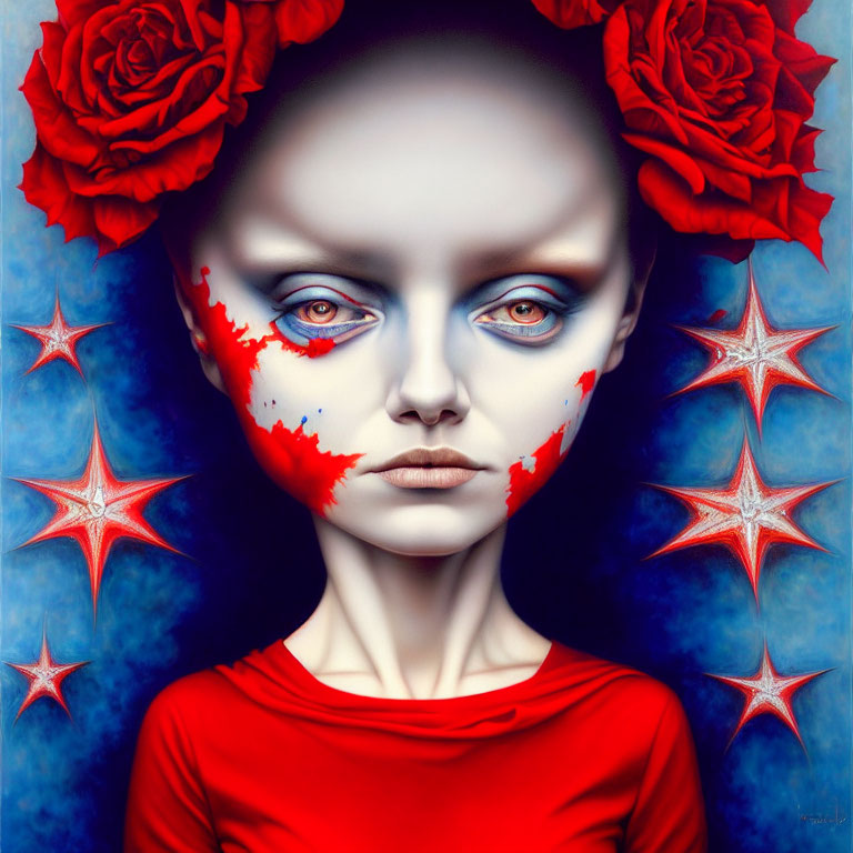 Surreal portrait with pale skin, red tears, roses, stars on blue.