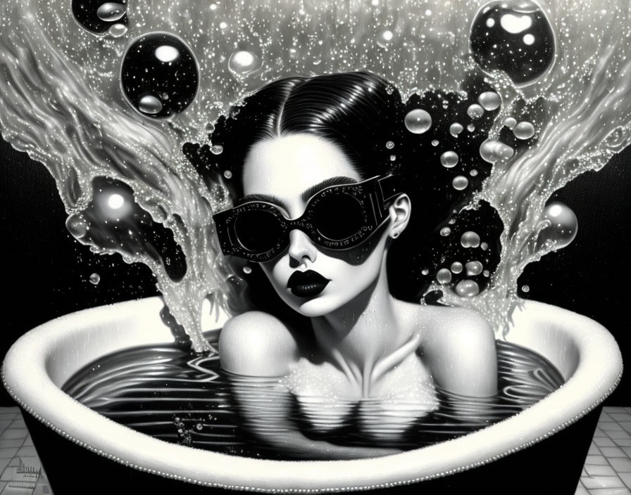 Monochrome illustration of woman in sunglasses submerged in tub with splashing water.