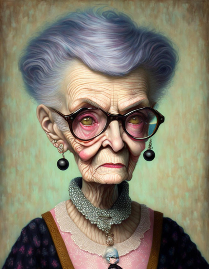 Elderly Woman Illustration with Purple Hair and Pink Glasses