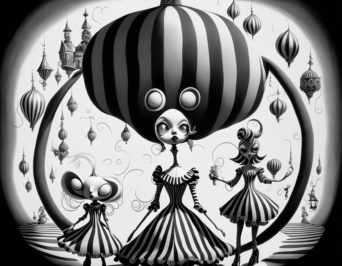 Monochromatic stylized characters with large heads and eyes in patterned dresses, surrounded by floating lantern