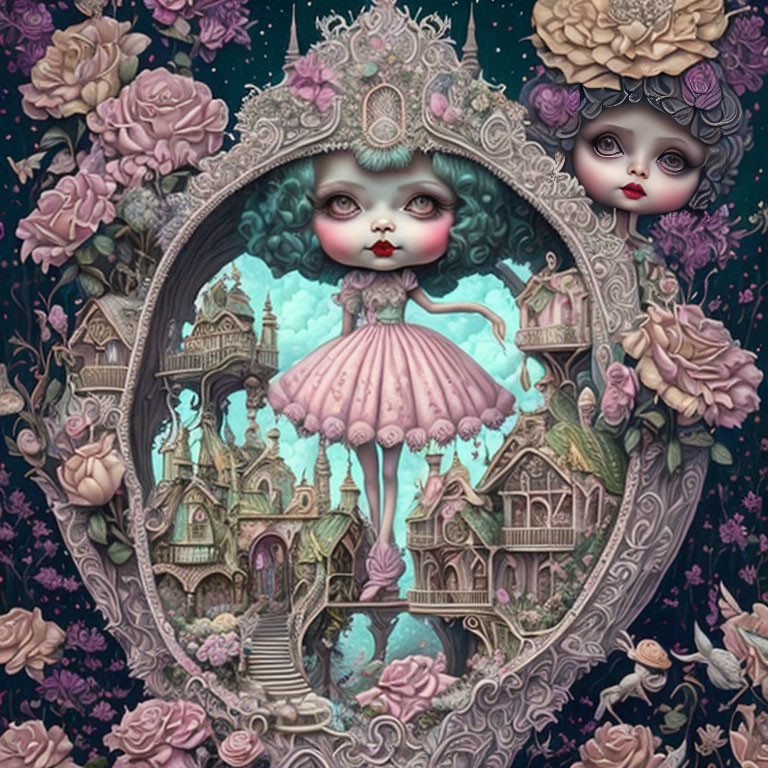 Gothic doll in pink dress surrounded by roses and castles landscape