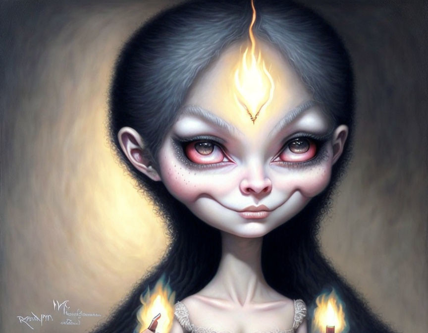 Whimsical character portrait with large eyes and flame-like designs