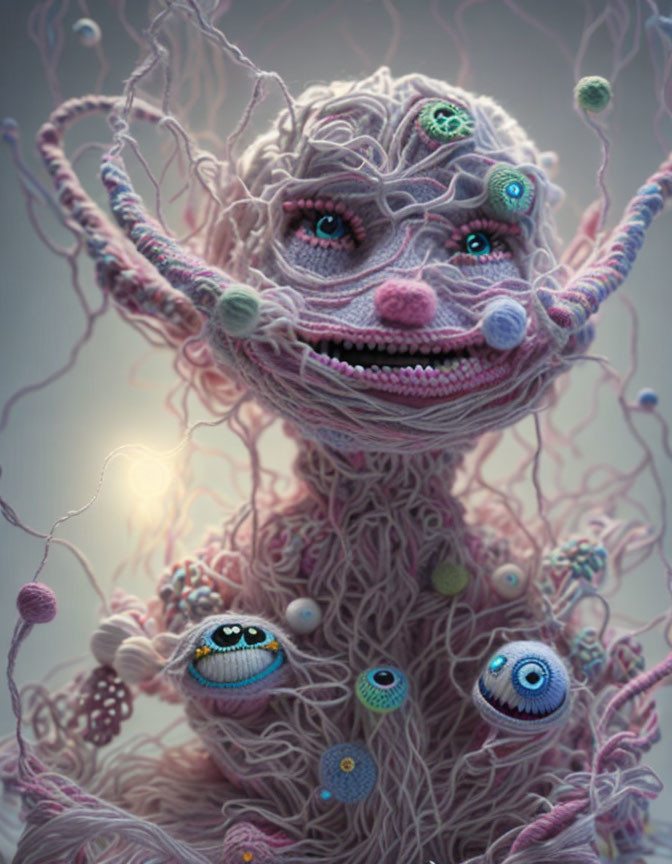 Whimsical creature with multiple blue eyes and colorful orbs tendrils