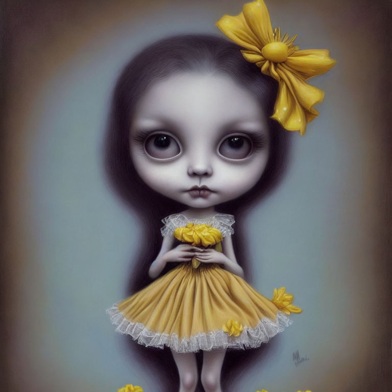 Stylized wide-eyed girl with yellow flower in hair and frilly dress against muted background