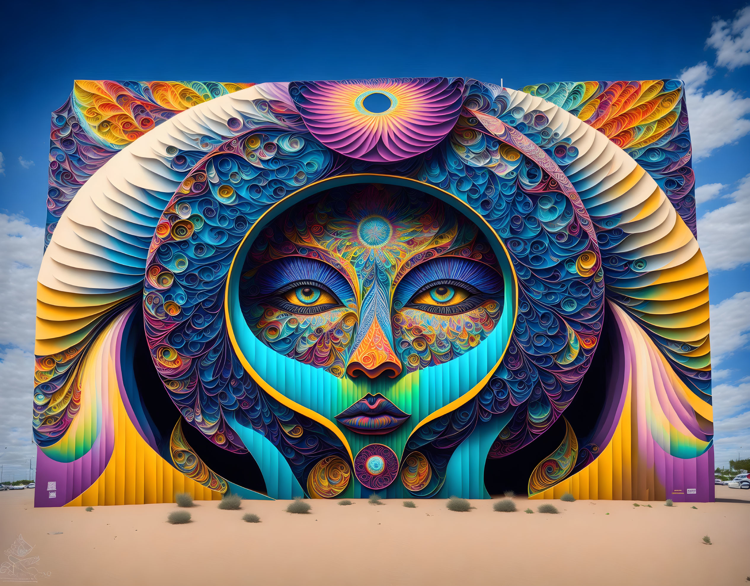 Symmetrical psychedelic face mural with swirling patterns under blue sky