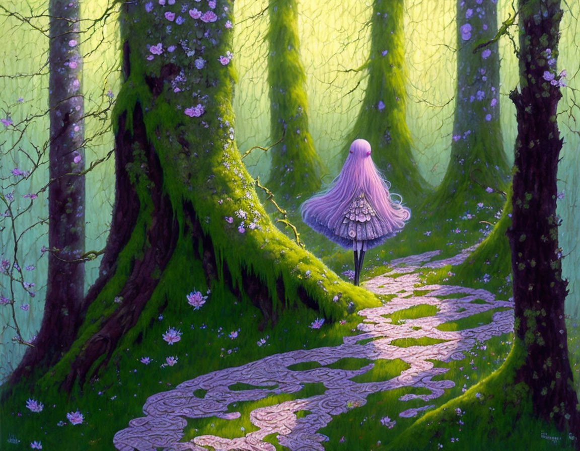 Person with Long Purple Hair in Enchanting Forest with Blooming Trees