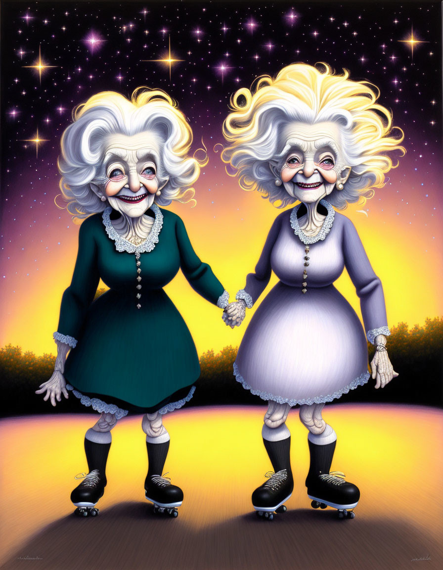 Elderly animated ladies roller skating under starry sky