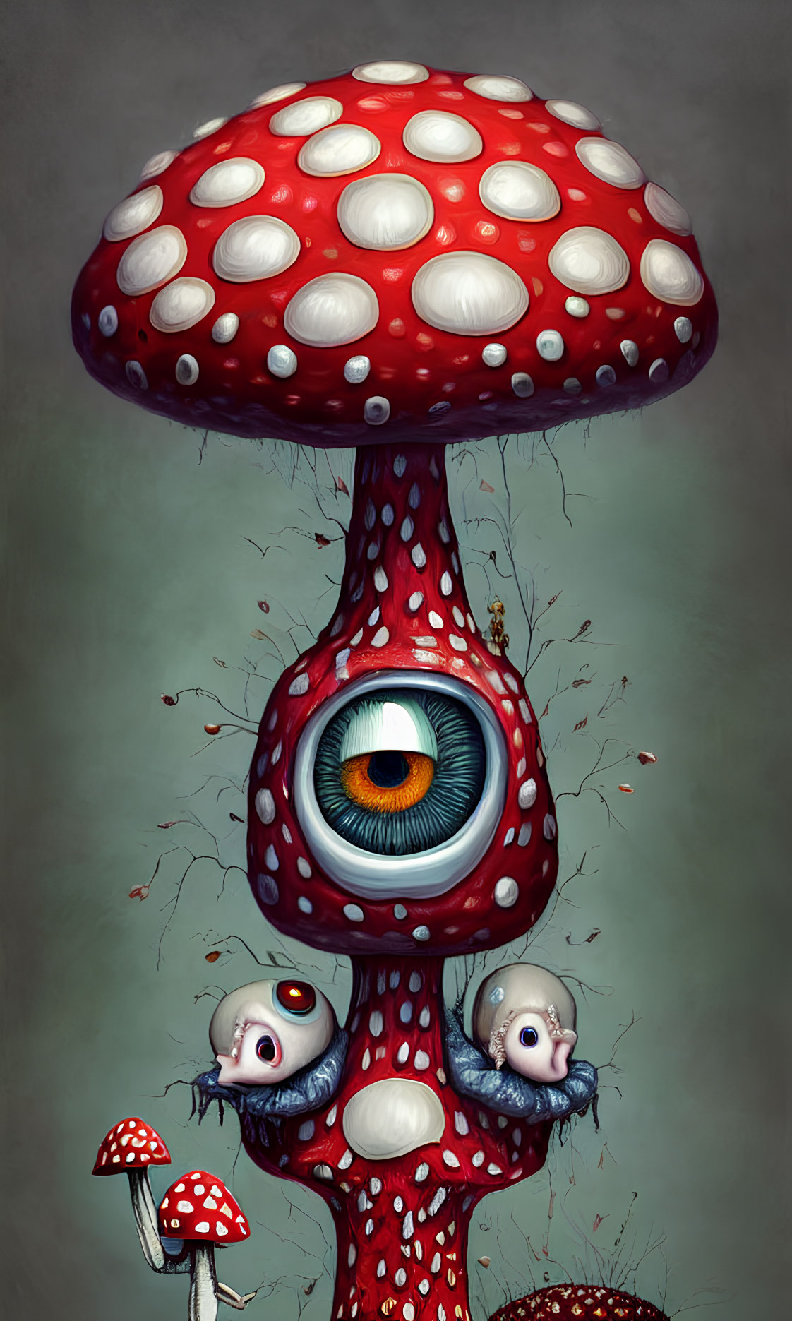 Illustration of Large Red Mushroom with White Spots and Central Eye