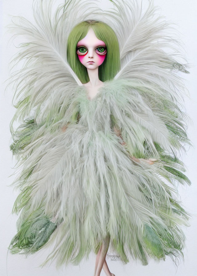 Doll with Large Green Eyes and Feathered Wings Standing on White Background