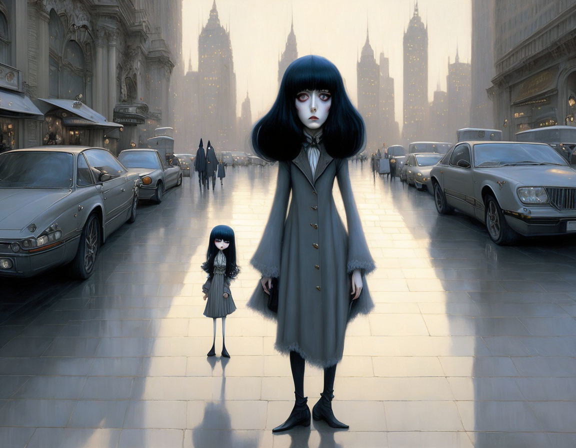 Illustration of large ghostly girl and small real girl in city street with vintage cars and gothic