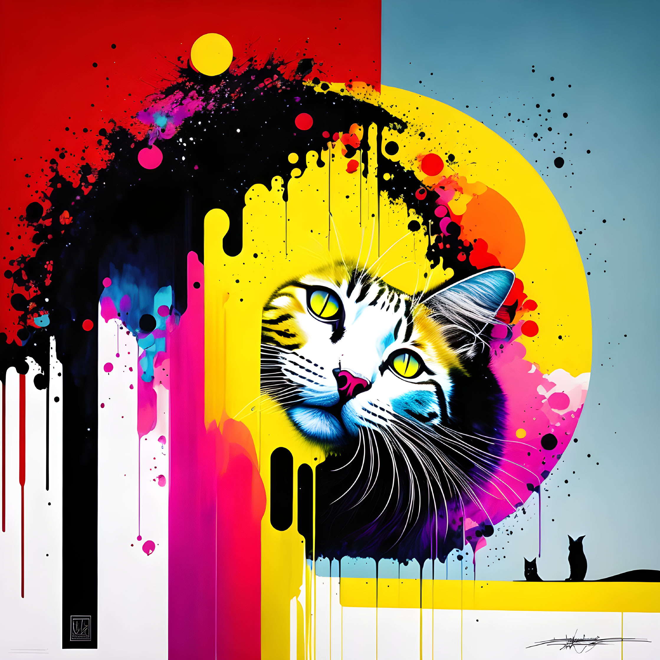 Colorful Abstract Art: Vibrant Cat with Striking Eyes and Paint Splatters