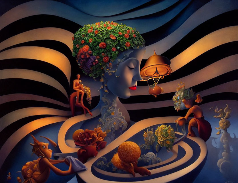 Surreal illustration of woman with floral headpiece and whimsical objects on swirling paths