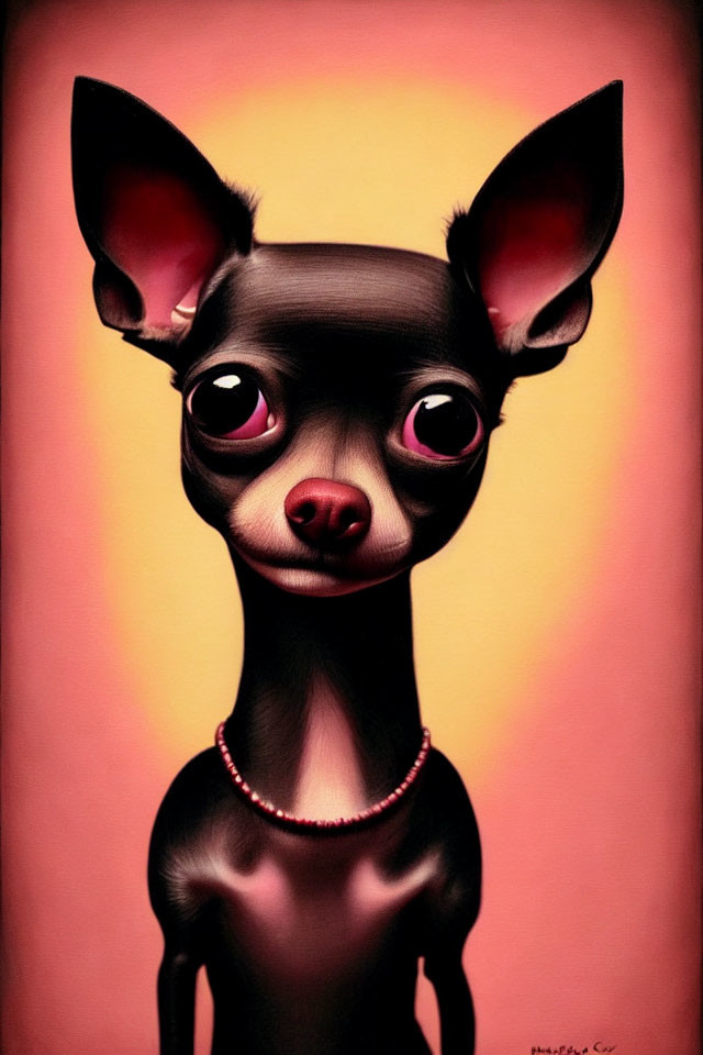 Exaggerated black Chihuahua caricature with oversized features on warm orange background